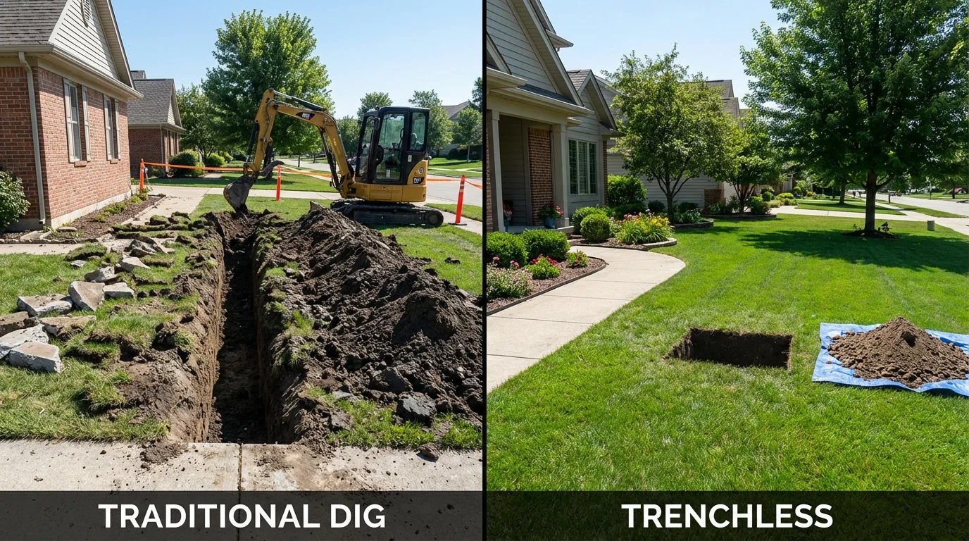 Trenchless sewer repair with minimal yard damage versus traditional excavation in Independence, KY