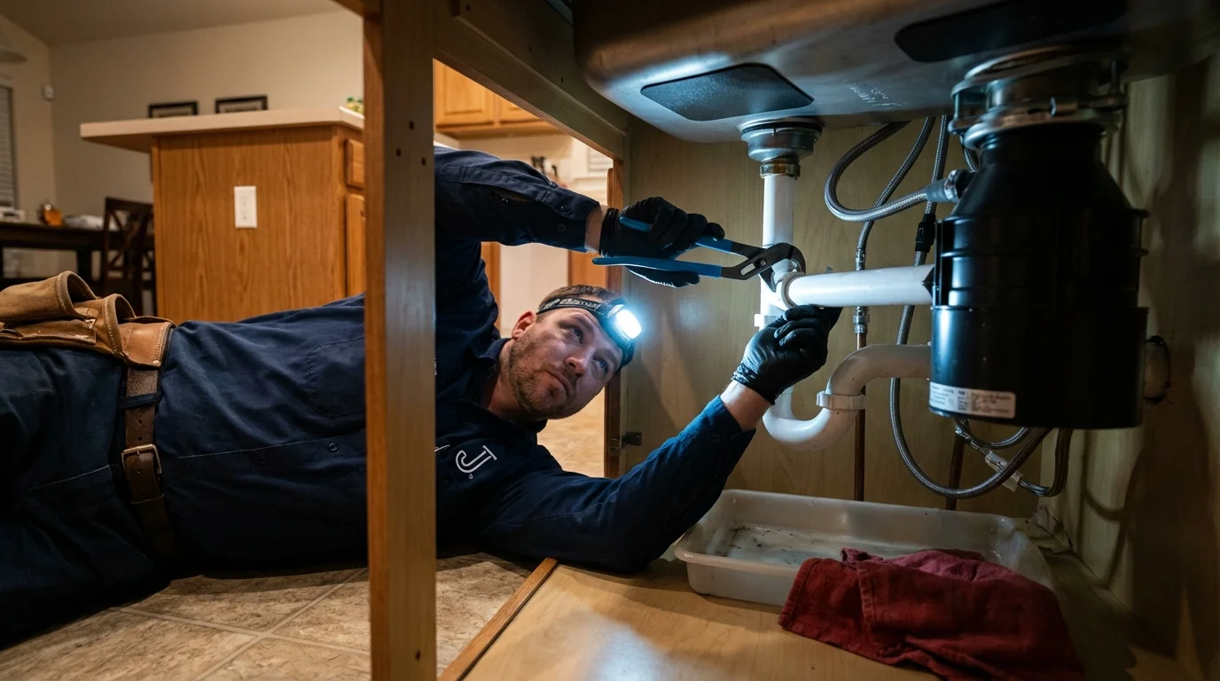 P-trap and supply line connections under a kitchen sink showing a common leak point in Independence, KY